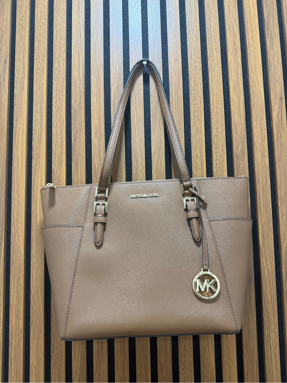 Michael Kors Camel Saffiano Leather Tote with MK Charm